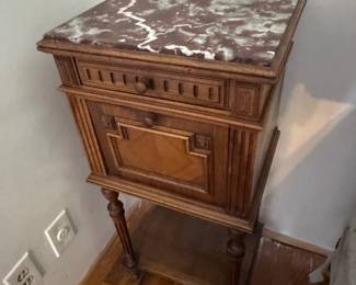 Antique French Walnut Marble Top Nightstand / Bedside Table #1
