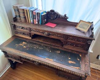 Antique French Baroque Desk Gdansk with Rich Carved Secretary with Chair 
