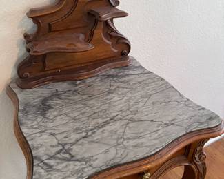 Antique Marble Top Carved Wood Side Table
