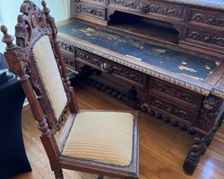 Antique French Baroque Desk Gdansk with Rich Carved Secretary with Chair 
