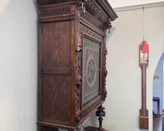 Antique European Carved Wood Stained Glass Bar Cupboard 
