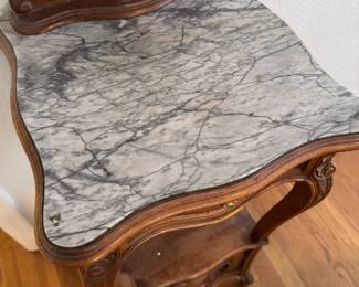 Antique Marble Top Carved Wood Side Table
