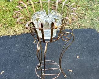 Antique glass bride's bank crown vase $75 and plant stand $50