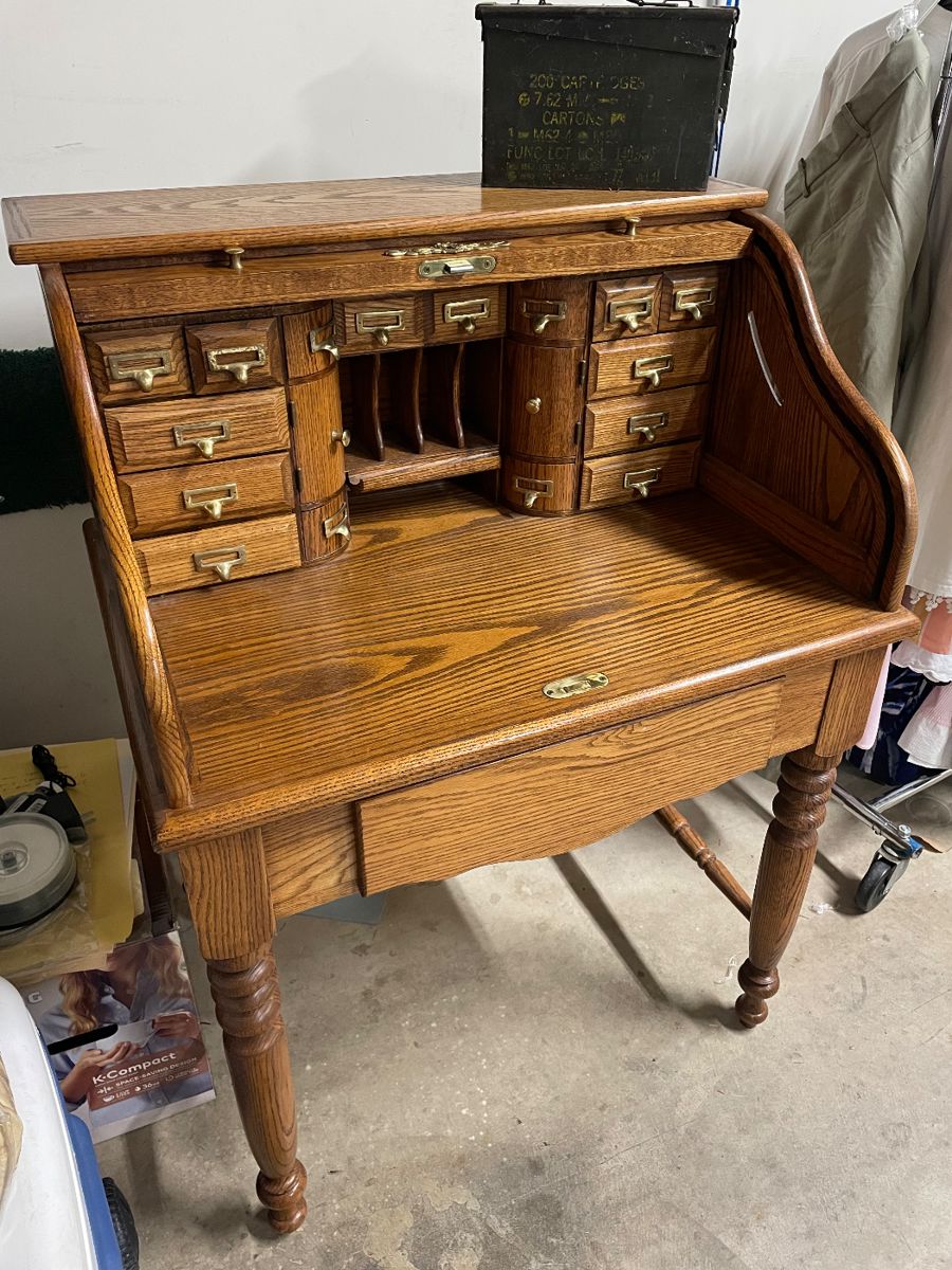 LOVELY small oak roll top desk l