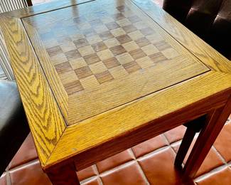 1980s oak gaming table, checkers/chess on one side, backgammon on other—pieces in drawer