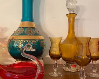Mid Century Murano Swan, Mid Century Italain Hand Blown 22k Gold Vase, Mid Century Decanter with Cordials Made in Portugal