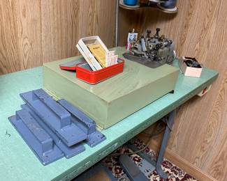 Vintage Sewing Table with Merrow Company Industrial Sewing Machine, Thread Holder/ Pedal