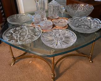 Contemporary Glass Cocktail Table with Brass Frame