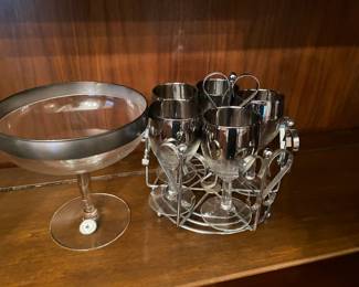 Mid Century Dorothy Thorpe Crystal Compote with Sterling Rim, Label, Mid Century Dorothy Thorpe Cordials Silver Rim/Caddy