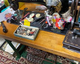 Antique Sewing Table with Thread Holder, And Antique Sewing Singer Machine