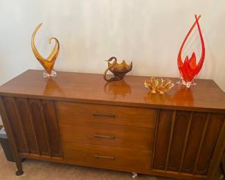 Mid Century Walnut Brutalist, Side Board. Mid Century Art Glass Split Handles