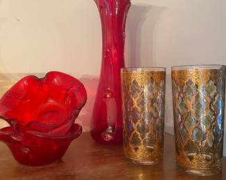 Mid Century Hand Blown Art Glass, Mid Century Culver Gold High Ball Glasses