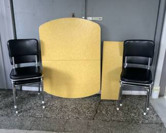 BIHY235 1950’s Vintage Formica & Chrome Table With Chairs	Beautiful vintage kitchen table with 4 chairs. This comes disassembled because it's missing the pins to assemble it.&nbsp;
