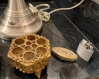 Gold  dressing table organizers, pill box and elegant silver lighter