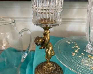 French cut glass and bronze pairpoint cherub candle holders (set of two)