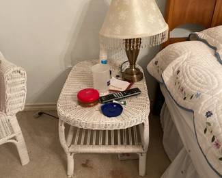 White wicker oval side table