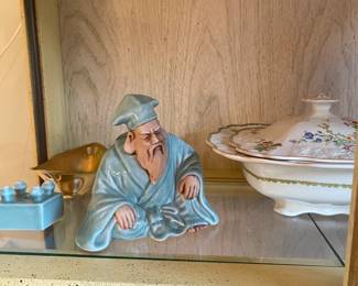 Vintage Japanese glazed ceramic bearded monk on stand