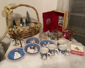 Cute snowman Christmas dish set and Christmas villages.