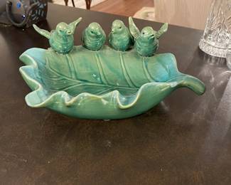 Delightful pale turquoise leaf-shaped candy dish with four sweet birds perched on the edge