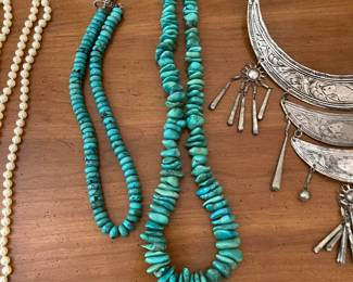 Turquoise and silver necklaces. Silver Hmong bib style necklaces