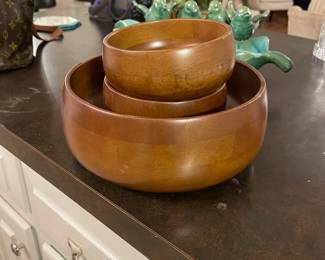 Vintage wooden salad and bowl set with 8 bowls and wooden fork and spoon servers