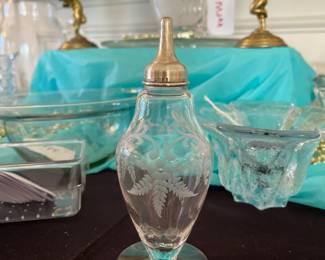 Vintage etched glass oil/ vinegar jar with sterling lid