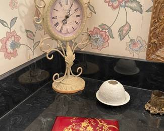 Cream Fleur-de-Lis desk clock. Asian inspired musical jewelry box