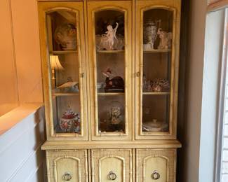 Vintage bamboo inspired glass front china/ curio cabinet with lights and shelves/ storage beneath
