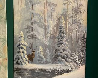 Wall art - winter scene with snow covered pines and five point buck by the lake.