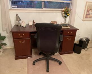 Traditional desk with two drawers, two cabinet storage and keyboard tray (matching lateral file cabinet)