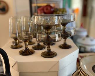 Libbey Tawny Smoke champagne, wine and water glasses circa 1970's