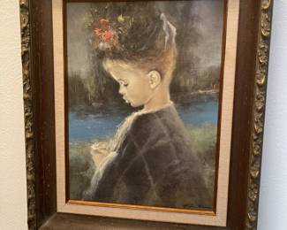Oil on canvas young Victorian girl framed artwork