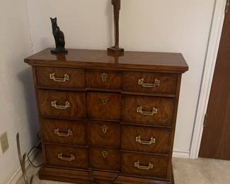 Asian inspired burled walnut four drawer chest