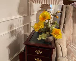 Traditional magazine/ storage side cabinet with deep verdant green leather inlay top