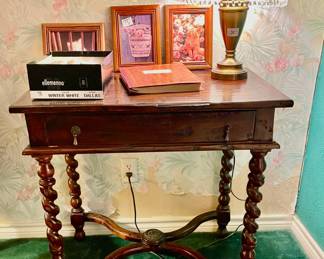 Barley twist table with large drawer and button medallion base