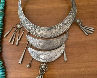 Vintage silver engraved Miao Hmong style ceremonial collar-style necklace with animal designs and dangling starburst charms