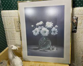 Framed white daisy artwork and cute Asian inspired ceramic fish