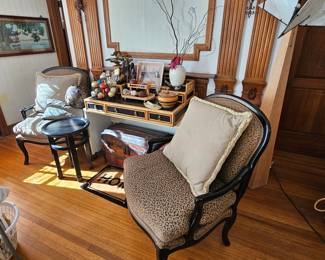 Leopard print custom chairs and desktop, note the details around the fireplace!