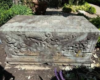 Lot 246 Pair Archaic Dynastic Chinese carved stone limestone monument megalith blocks with Dragon panels on all sides and auspicious Fu longevity symbol on top possible temple architectural