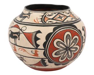 Lot 75 Native American Zuni polychrome pottery jar olla with animal heartline deer and floral motif