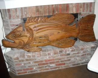 Very Large carved wooden fish. A piece of Hot Springs history.  This wonderful carving once hung in the entrance of the Red Lobster for a number of years.