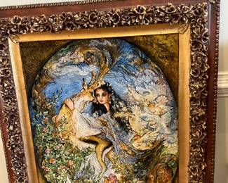 Hand knotted Mahmoud Farshchian Persian silk wall rug 