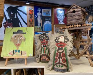 Background paintings:  Keith Poree, Lance Vargas, Bob Tooke, Jason Dumouchel.  In front: Robyn the Beaver, Knock down carnival clowns, folk art table/birdhouse
