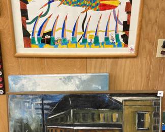 Local artist, Rue in watercolor/guache picture, below: an unknown artist mid-century cityscape