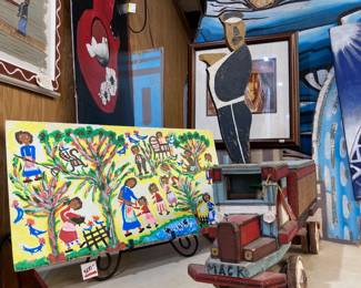 Juanita Leonard, a Louisiana memory painter piece, a folk butler sculpture, a folk truck