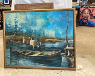 Great local swamp scene painting; Happy man from Ghana in background