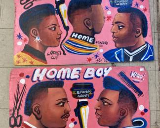Two of the Ghana barber/hairshop paintings, 20% off, now $300 each