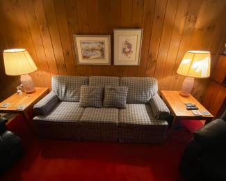 Hide-a-bed one of two, maple side tables and matching lamps