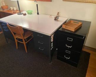 Metal desk and file cabinet