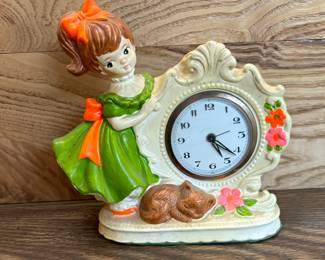Vintage Chalkware Clock Girl in Green Dress W/ cat